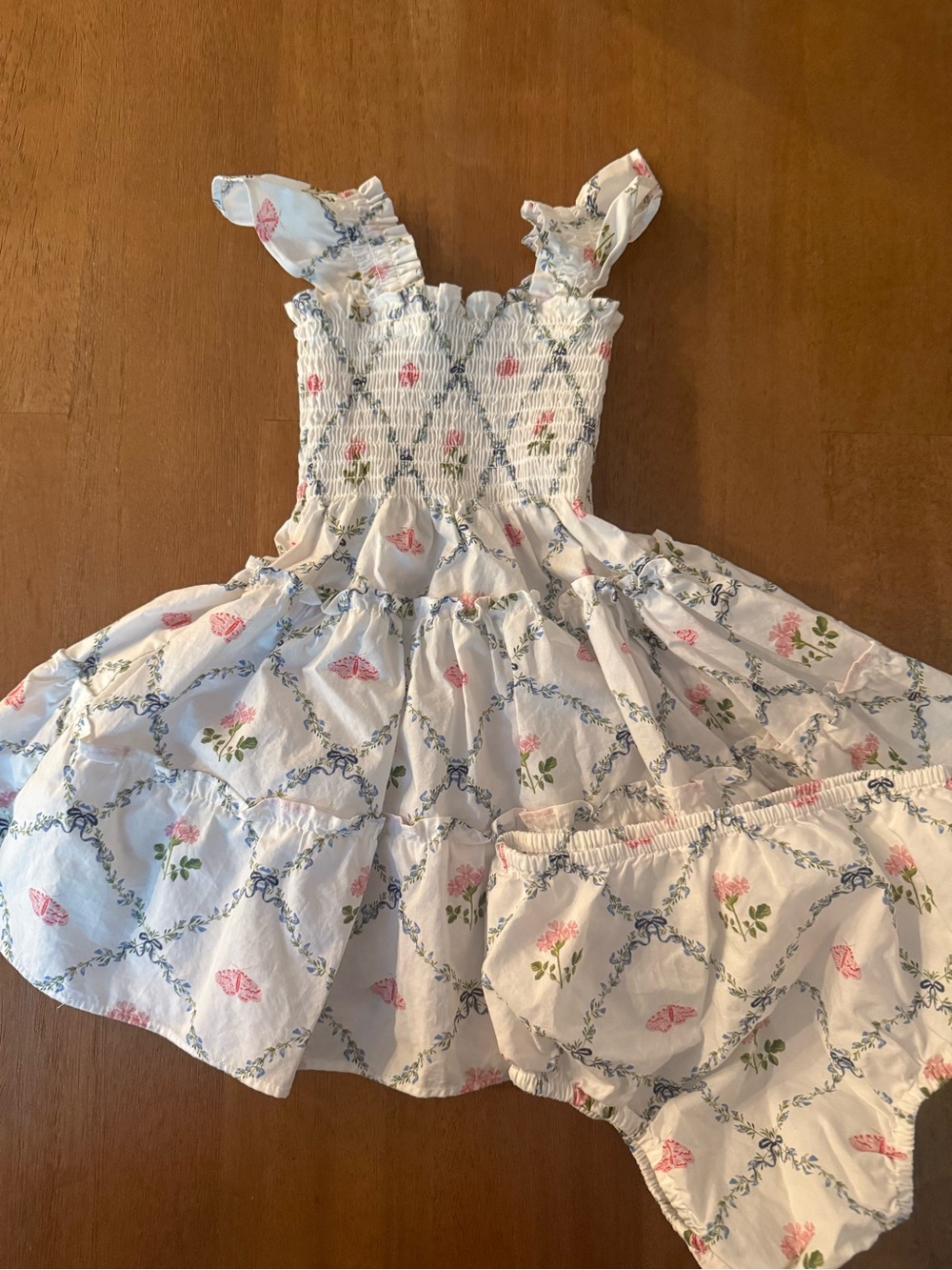 Hill House Kids White Floral Smocked Sundress with Pink and Blue Accents